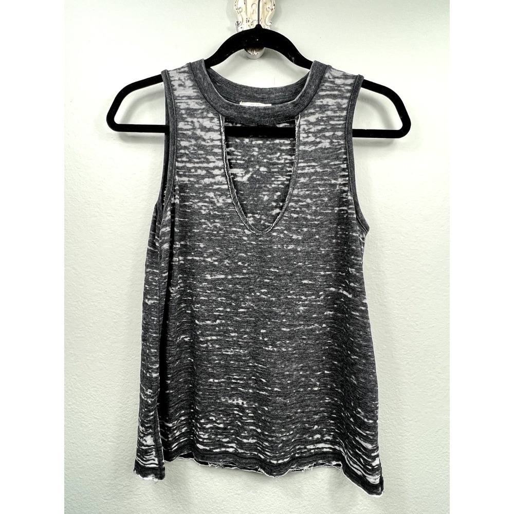 Lucky Brand Tank Top Women XS Gray Burnout Cutout Neck Sleeveless Raw Edge Boho